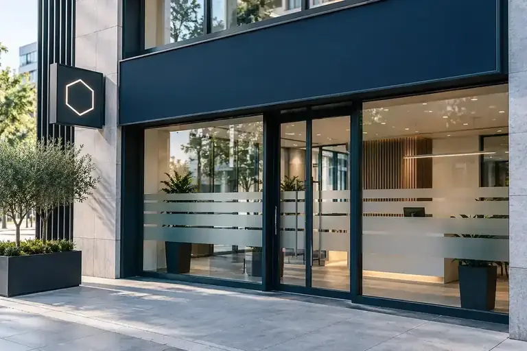 Illustrative office storefront with navy fascia and frosted glass